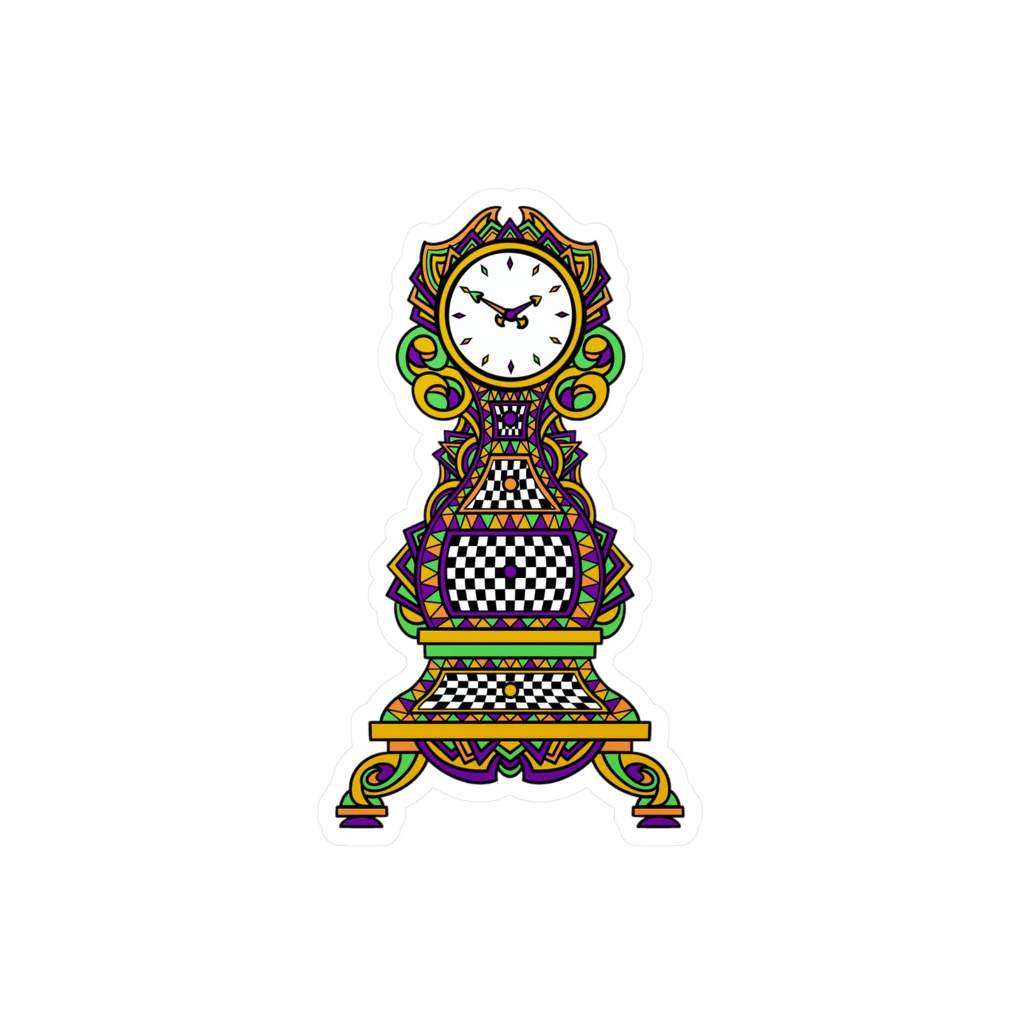 Colorful Mardi Gras Time! Grandfather Clock Kiss-Cut Vinyl Sticker — Retro Checkerboard Decorative Decal