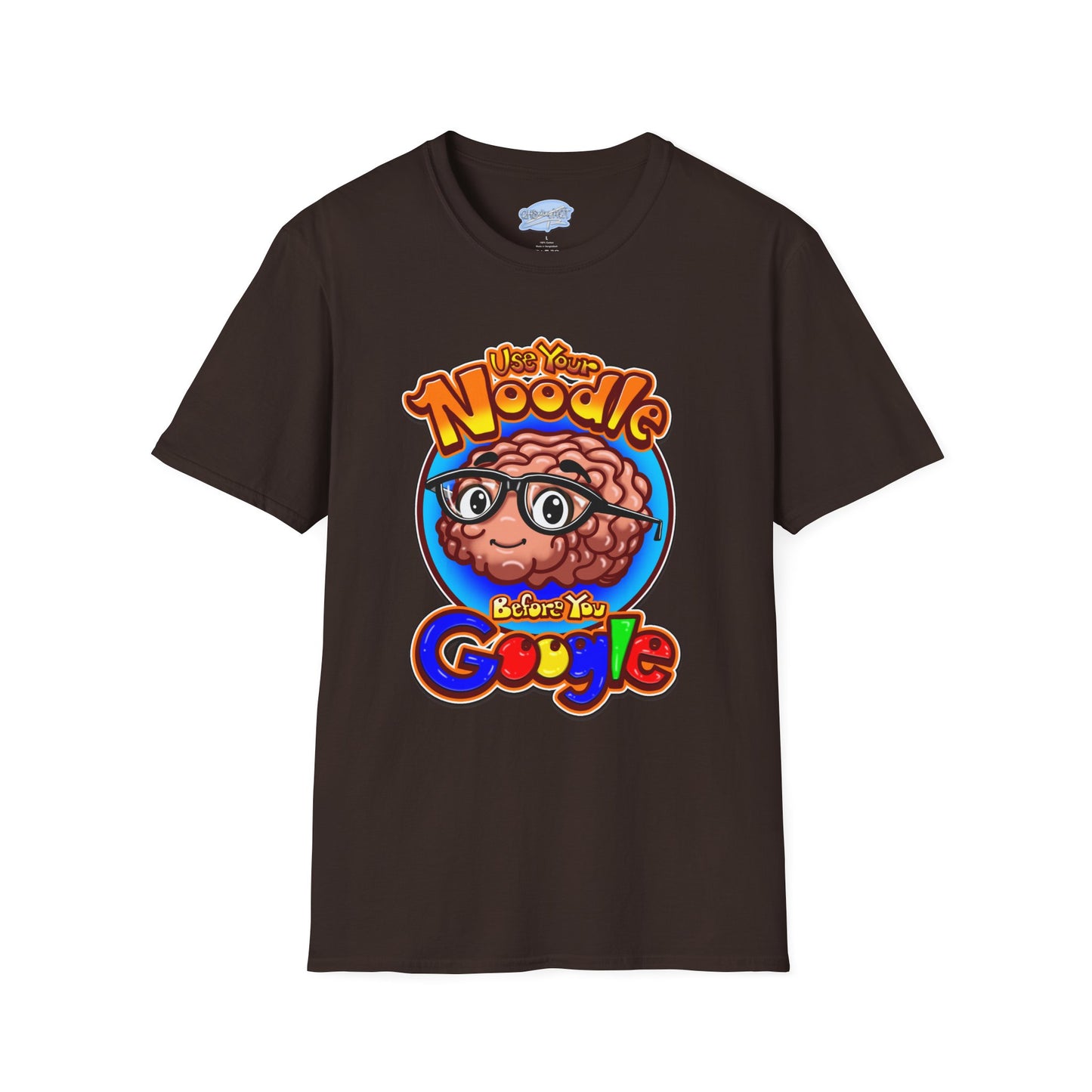 Funny Brain Cartoon T-Shirt — "Use Your Noodle Before You Google"