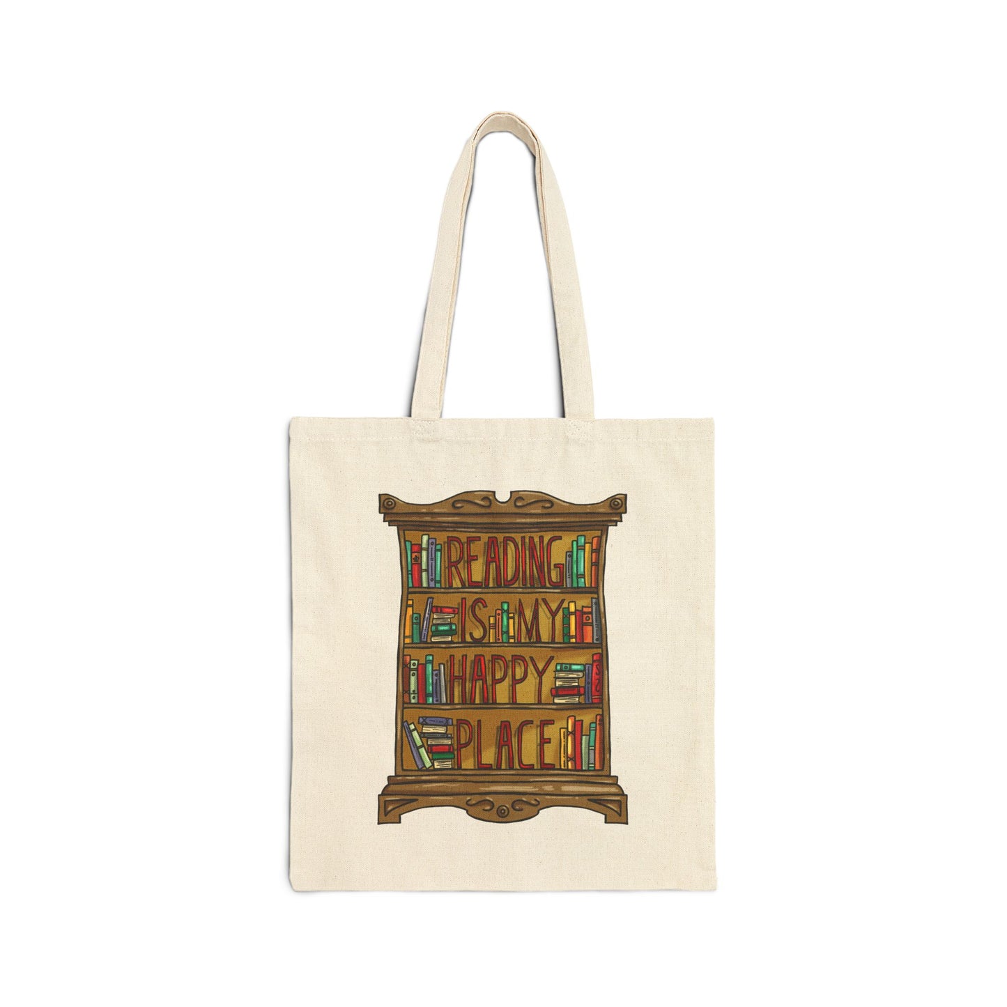 Tote Bag — “Reading Is My Happy Place” Bookcase Canvas Tote