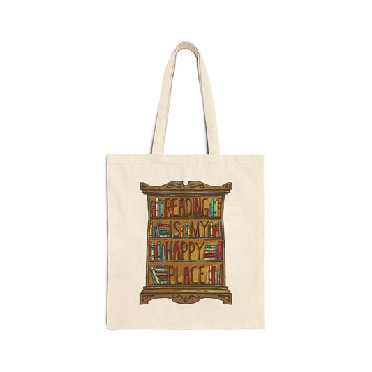 Tote Bag — “Reading Is My Happy Place” Bookcase Canvas Tote