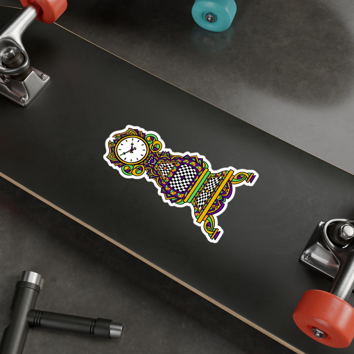 Colorful Mardi Gras Time! Grandfather Clock Kiss-Cut Vinyl Sticker — Retro Checkerboard Decorative Decal