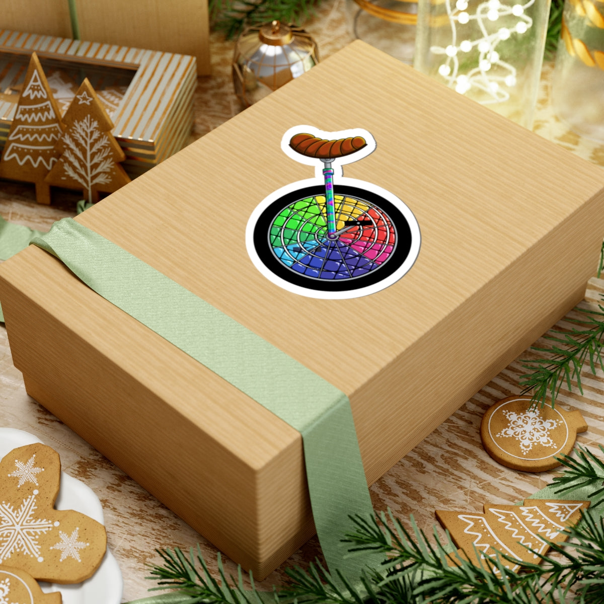 Color Wheel Unicycle Sticker — Rainbow Bike Wheel Kiss-Cut Sticker
