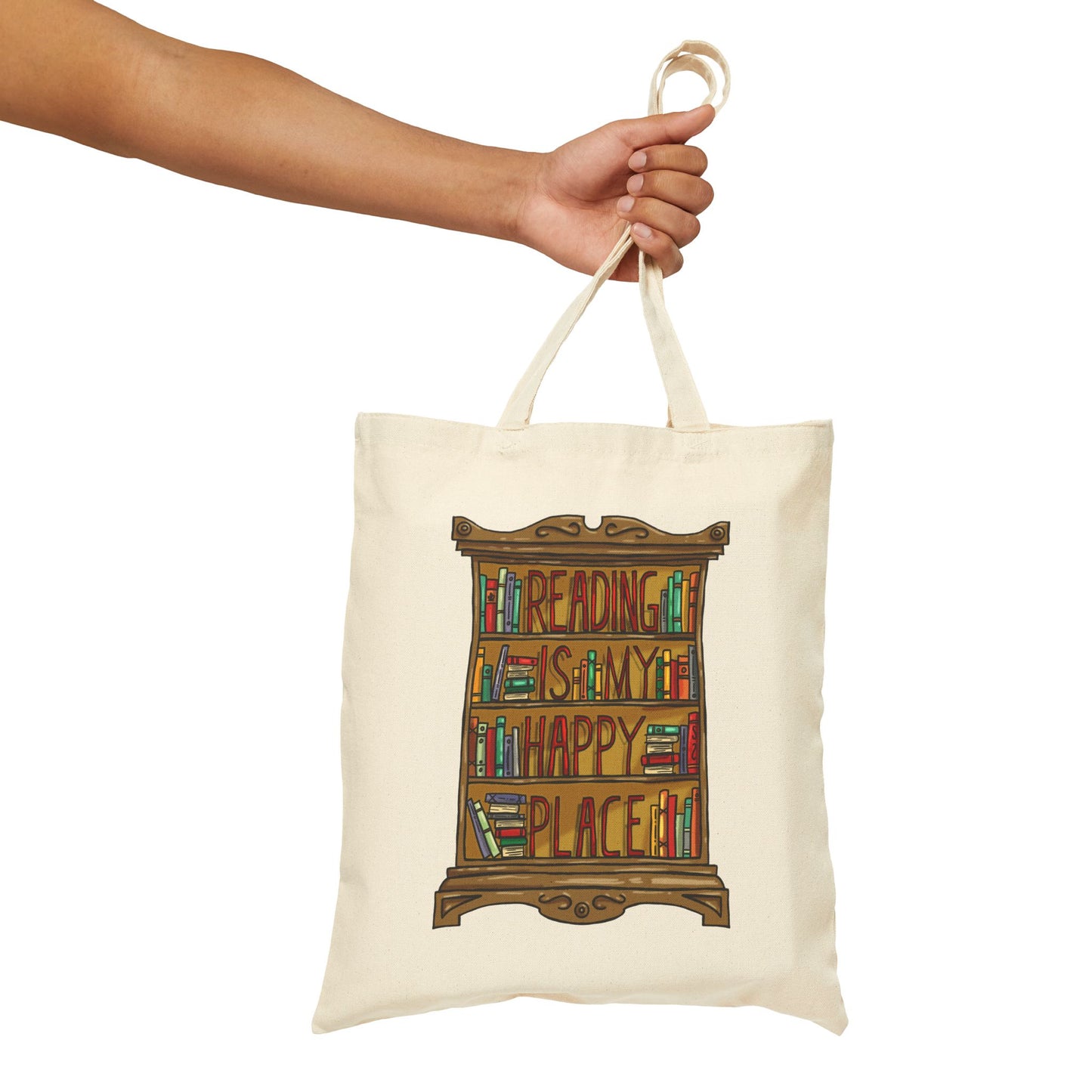 Tote Bag — “Reading Is My Happy Place” Bookcase Canvas Tote