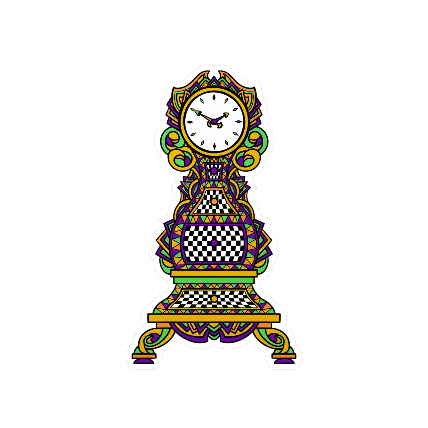 Colorful Mardi Gras Time! Grandfather Clock Kiss-Cut Vinyl Sticker — Retro Checkerboard Decorative Decal