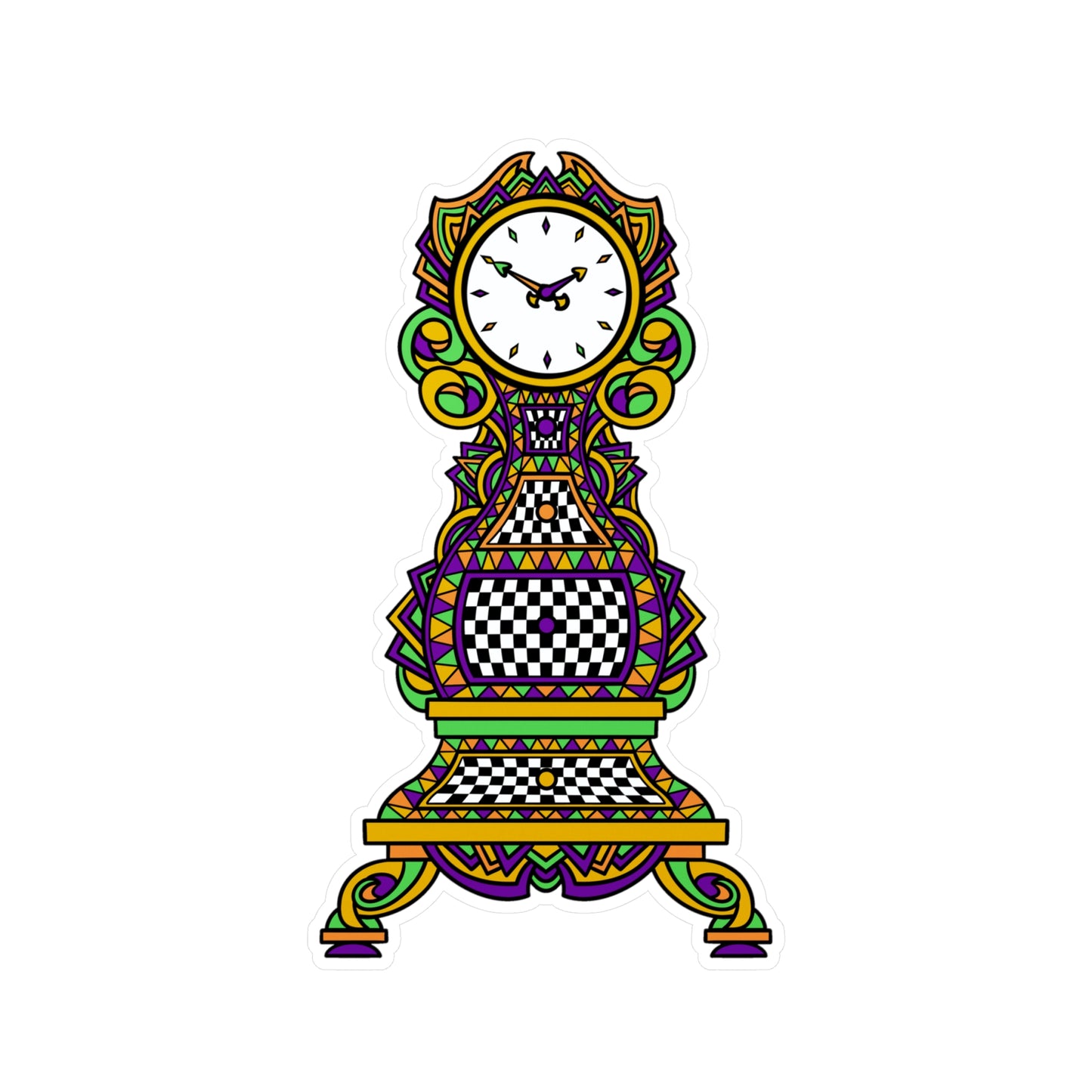 Colorful Mardi Gras Time! Grandfather Clock Kiss-Cut Vinyl Sticker — Retro Checkerboard Decorative Decal