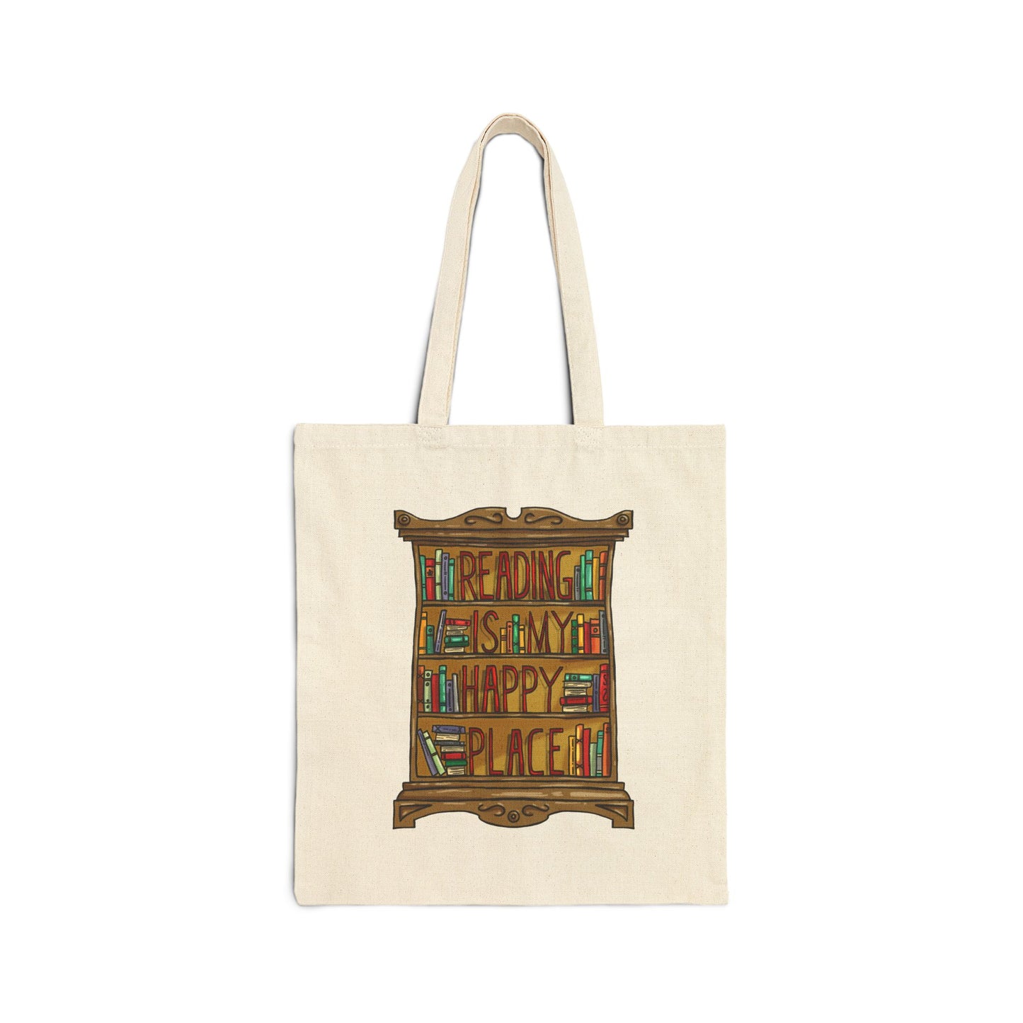 Tote Bag — “Reading Is My Happy Place” Bookcase Canvas Tote