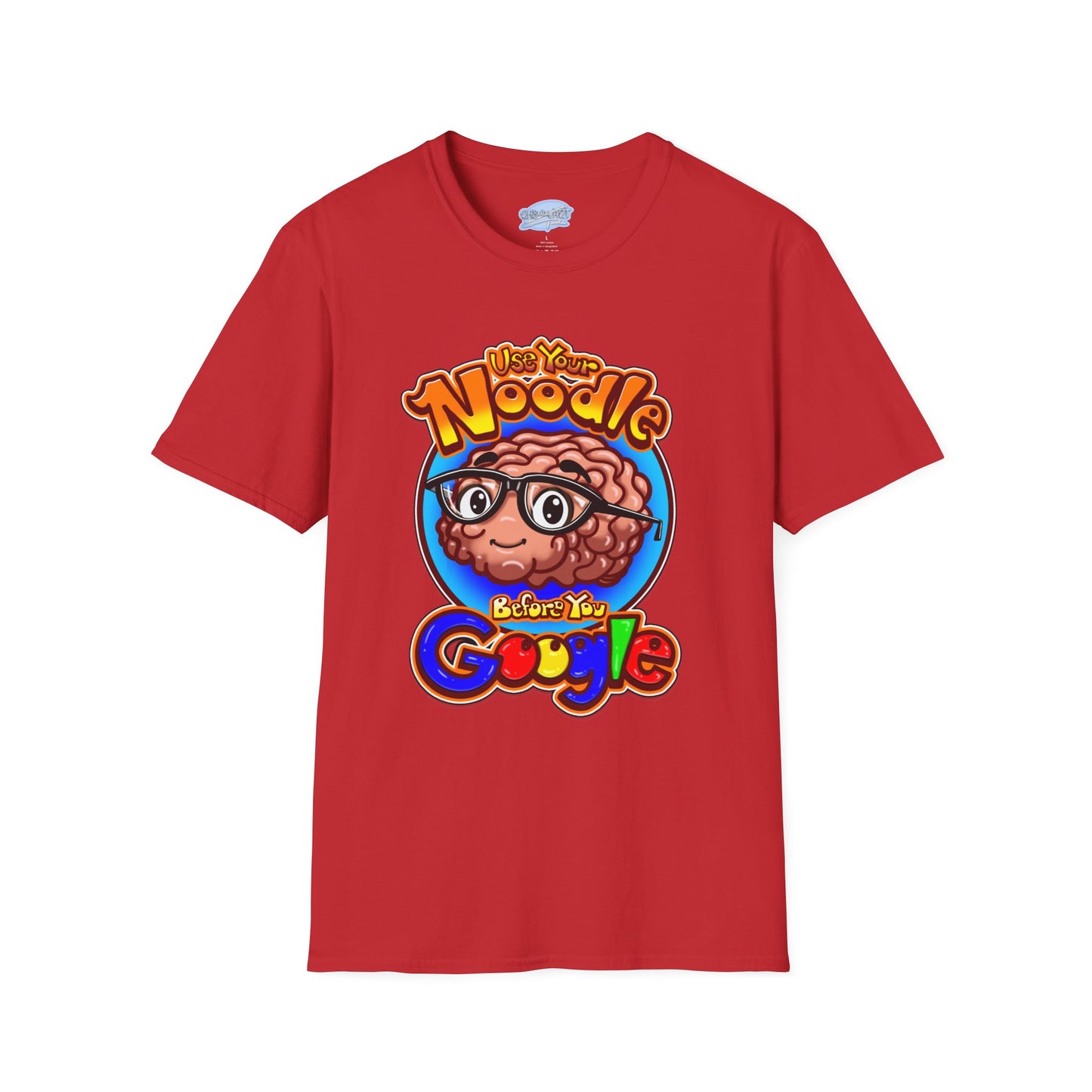 Funny Brain Cartoon T-Shirt — "Use Your Noodle Before You Google"