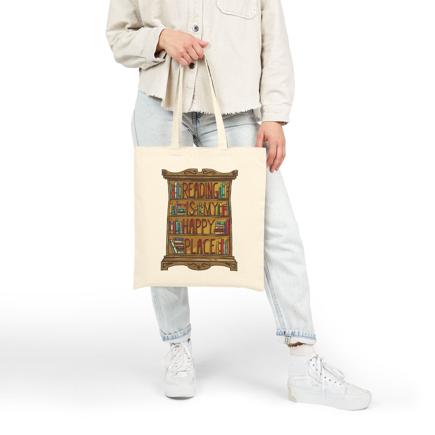 Tote Bag — “Reading Is My Happy Place” Bookcase Canvas Tote