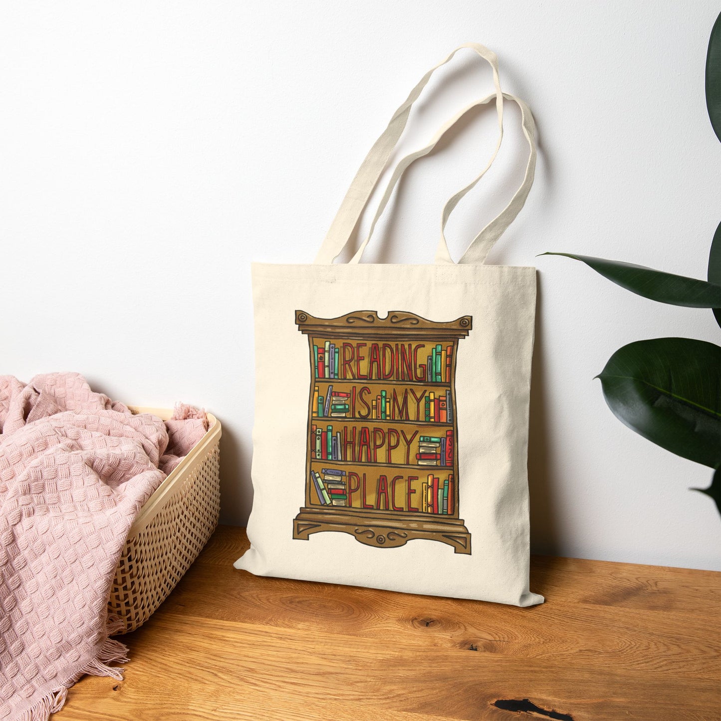 Tote Bag — “Reading Is My Happy Place” Bookcase Canvas Tote