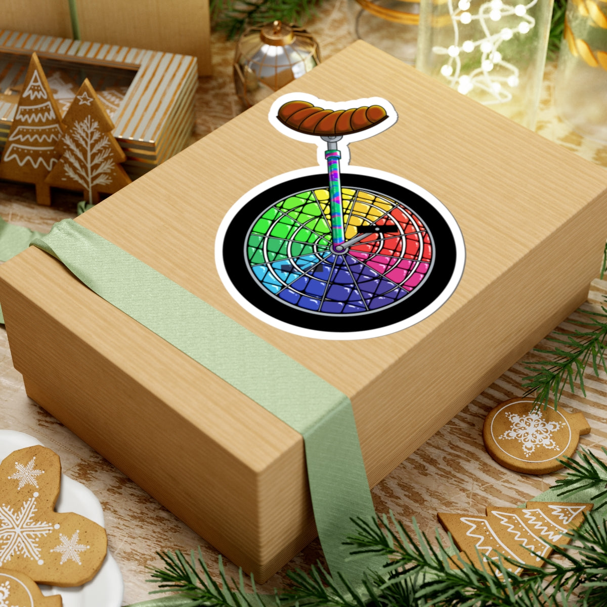 Color Wheel Unicycle Sticker — Rainbow Bike Wheel Kiss-Cut Sticker