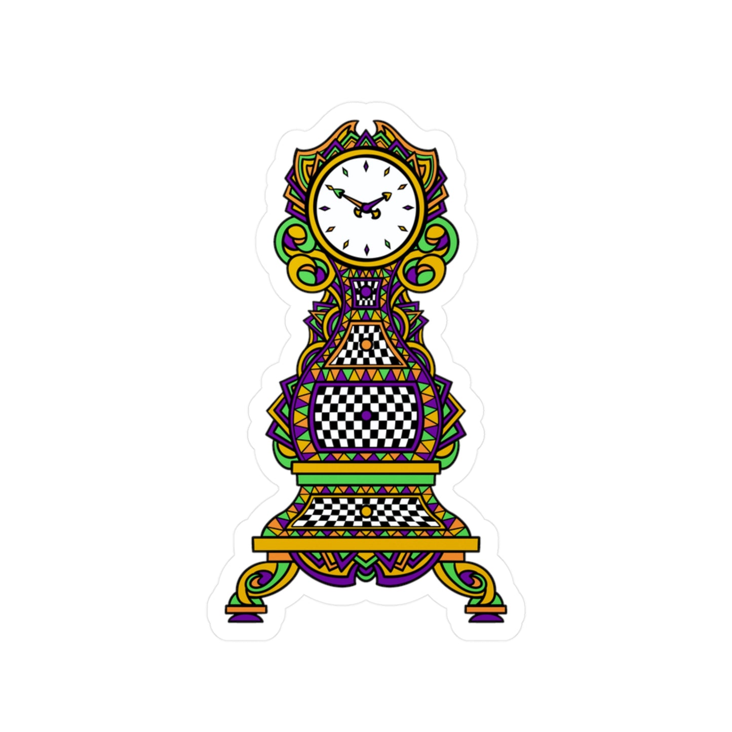 Colorful Mardi Gras Time! Grandfather Clock Kiss-Cut Vinyl Sticker — Retro Checkerboard Decorative Decal