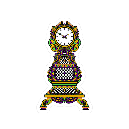 Colorful Mardi Gras Time! Grandfather Clock Kiss-Cut Vinyl Sticker — Retro Checkerboard Decorative Decal