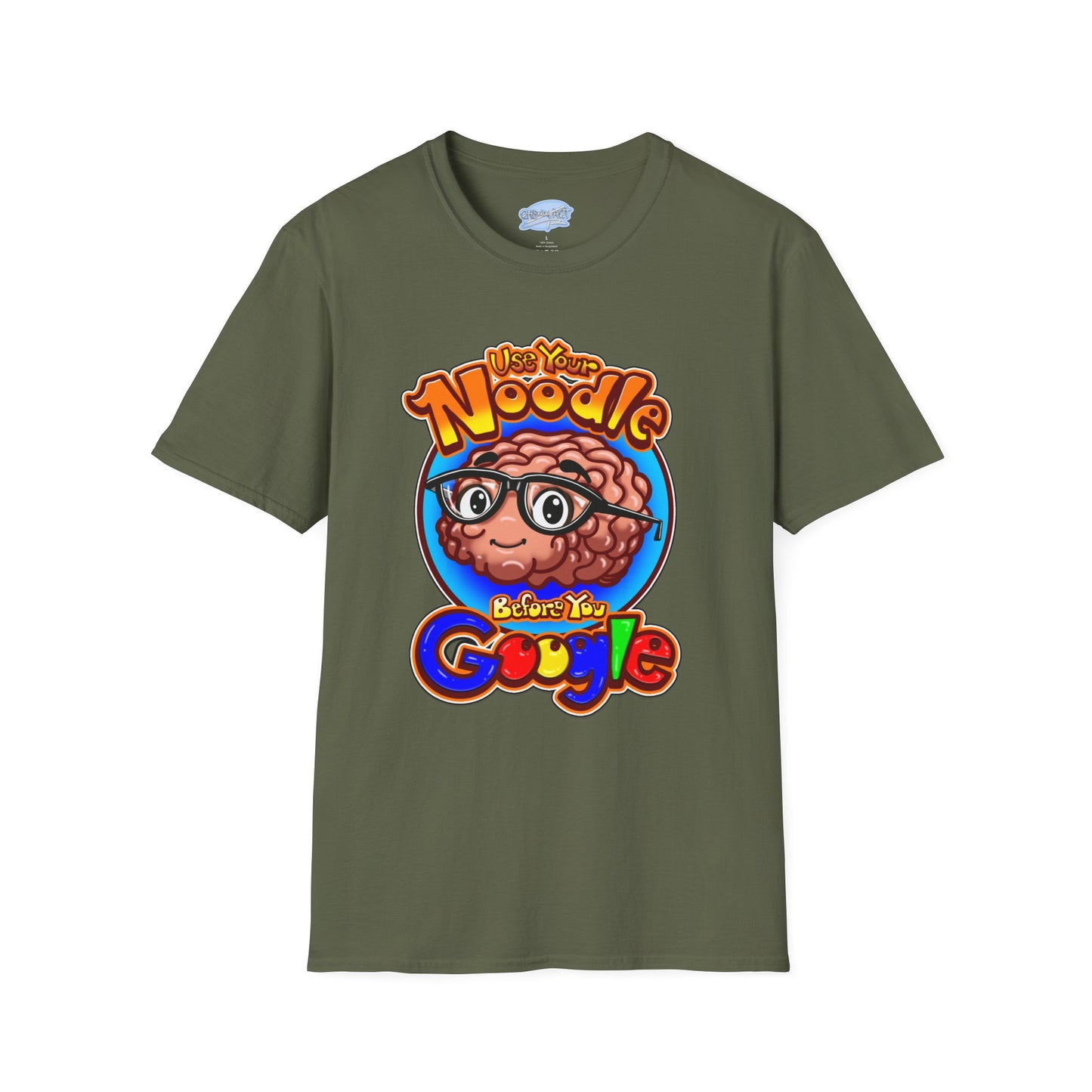 Funny Brain Cartoon T-Shirt — "Use Your Noodle Before You Google"