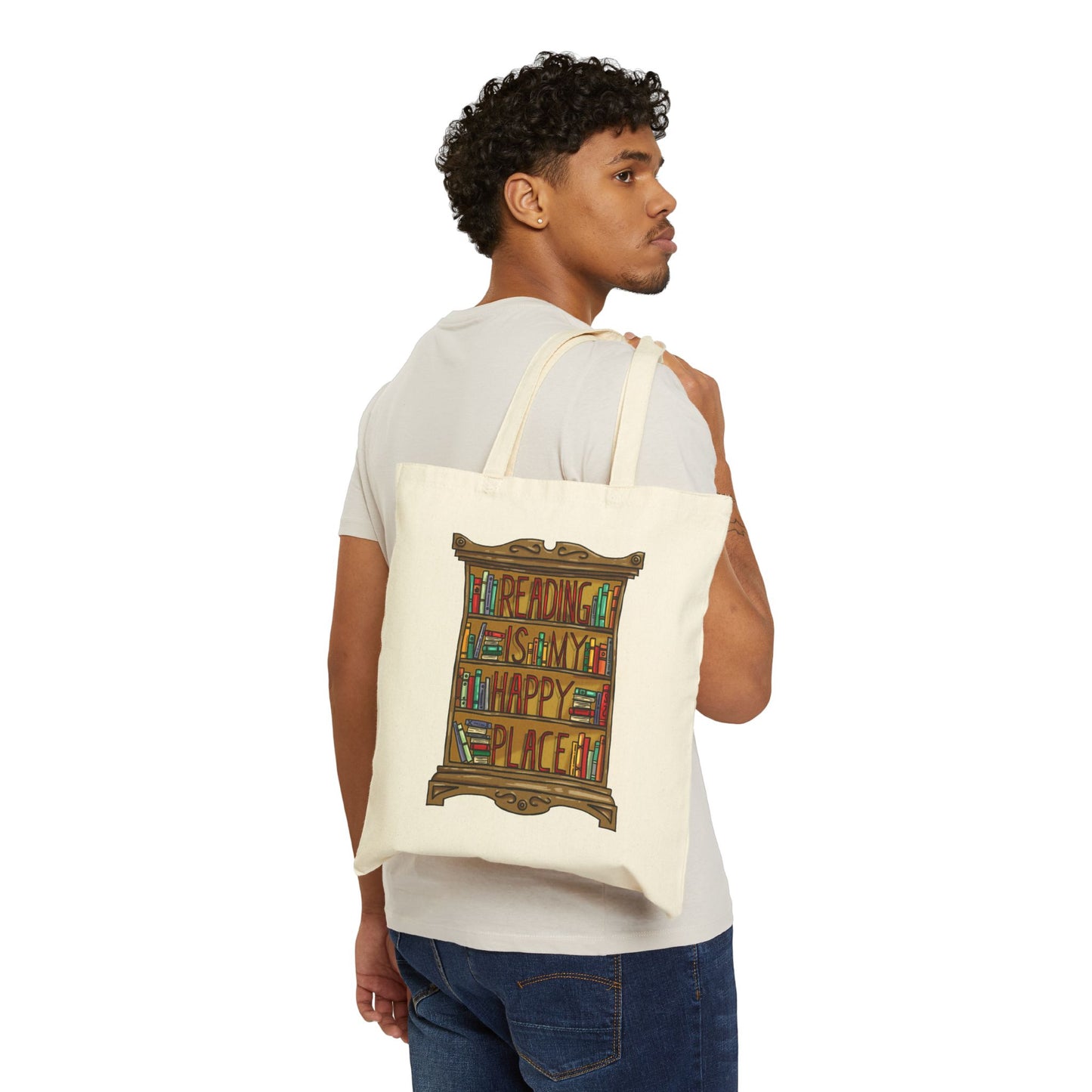 Tote Bag — “Reading Is My Happy Place” Bookcase Canvas Tote
