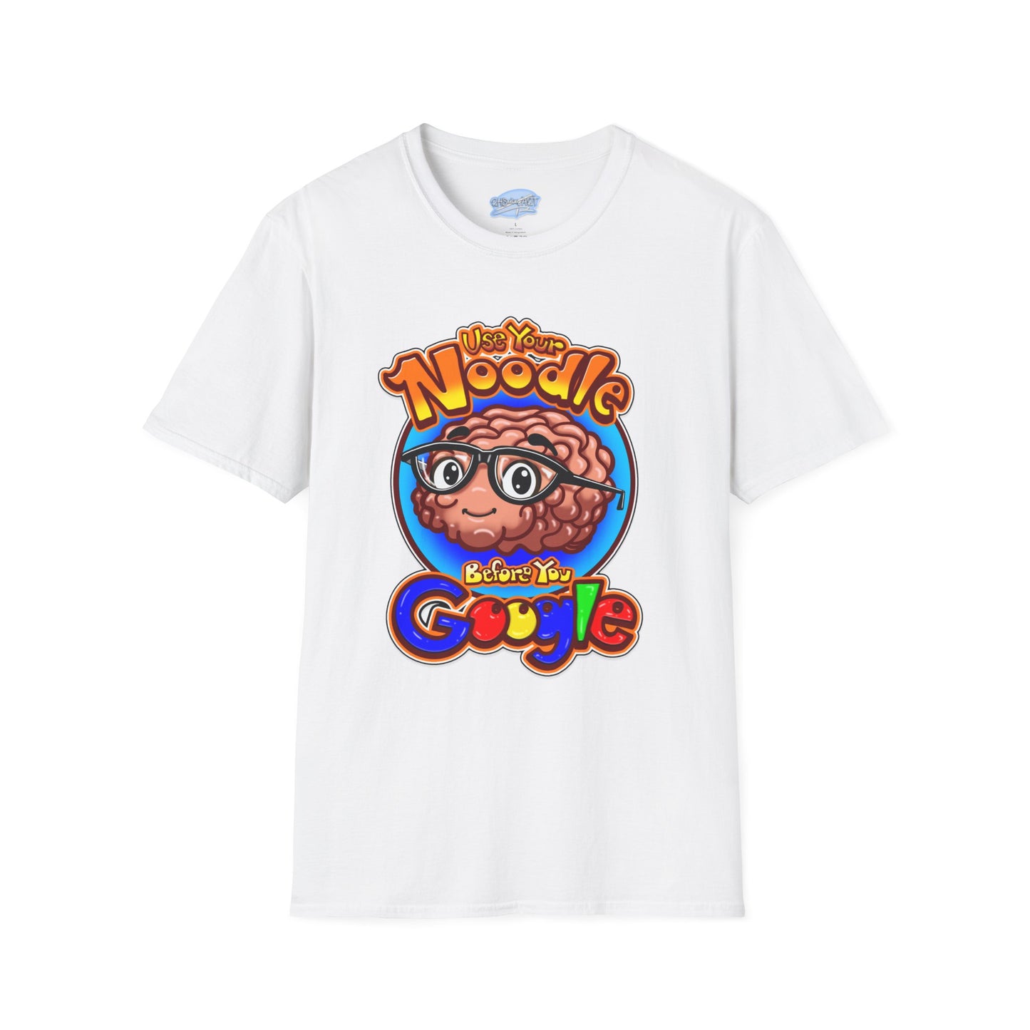 Funny Brain Cartoon T-Shirt — "Use Your Noodle Before You Google"