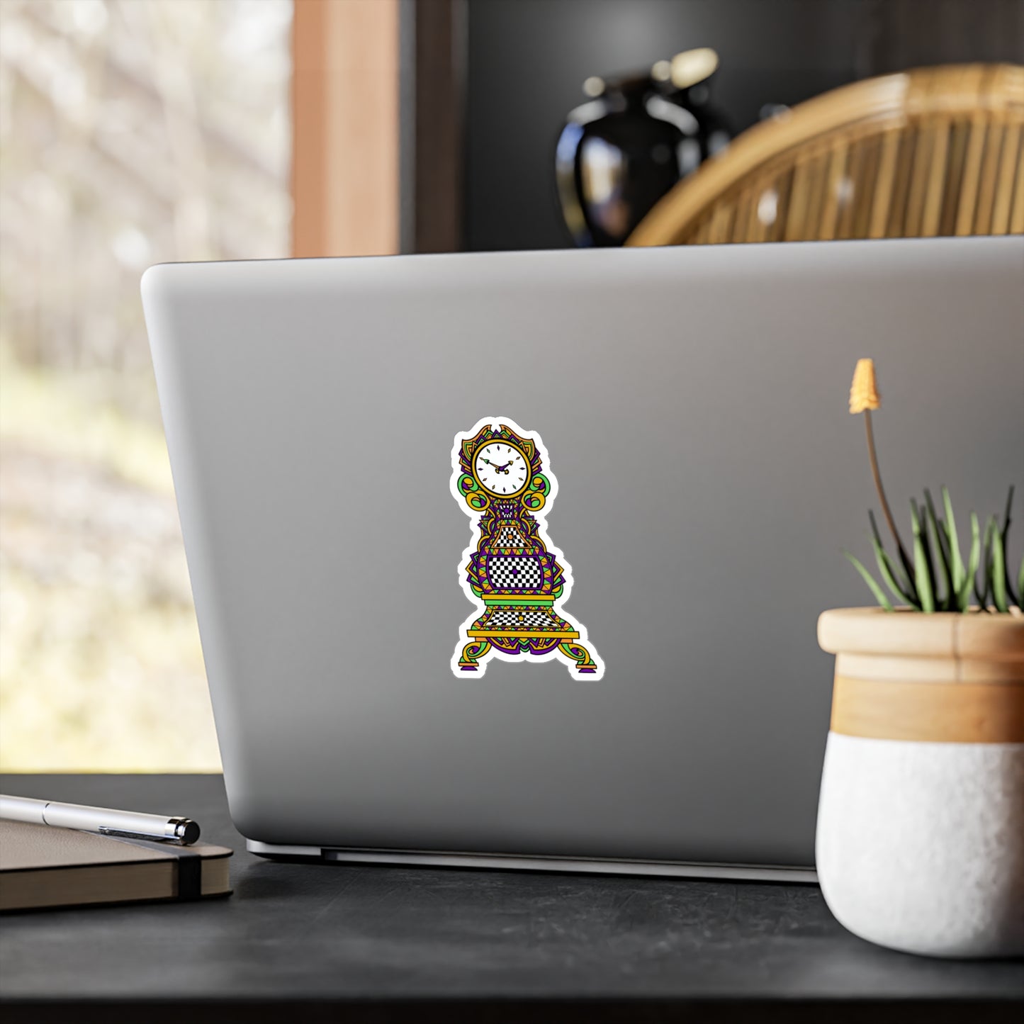 Colorful Mardi Gras Time! Grandfather Clock Kiss-Cut Vinyl Sticker — Retro Checkerboard Decorative Decal