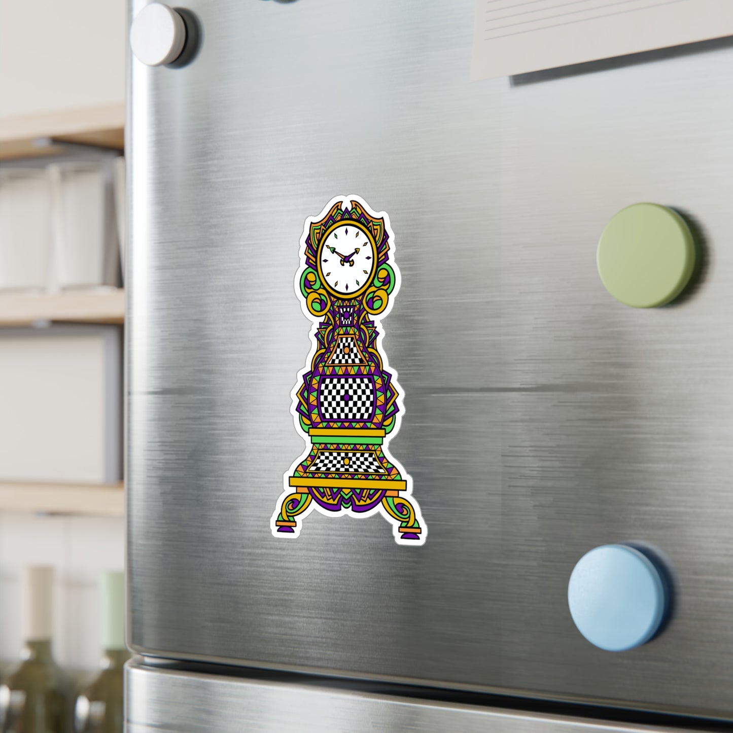 Colorful Mardi Gras Time! Grandfather Clock Kiss-Cut Vinyl Sticker — Retro Checkerboard Decorative Decal