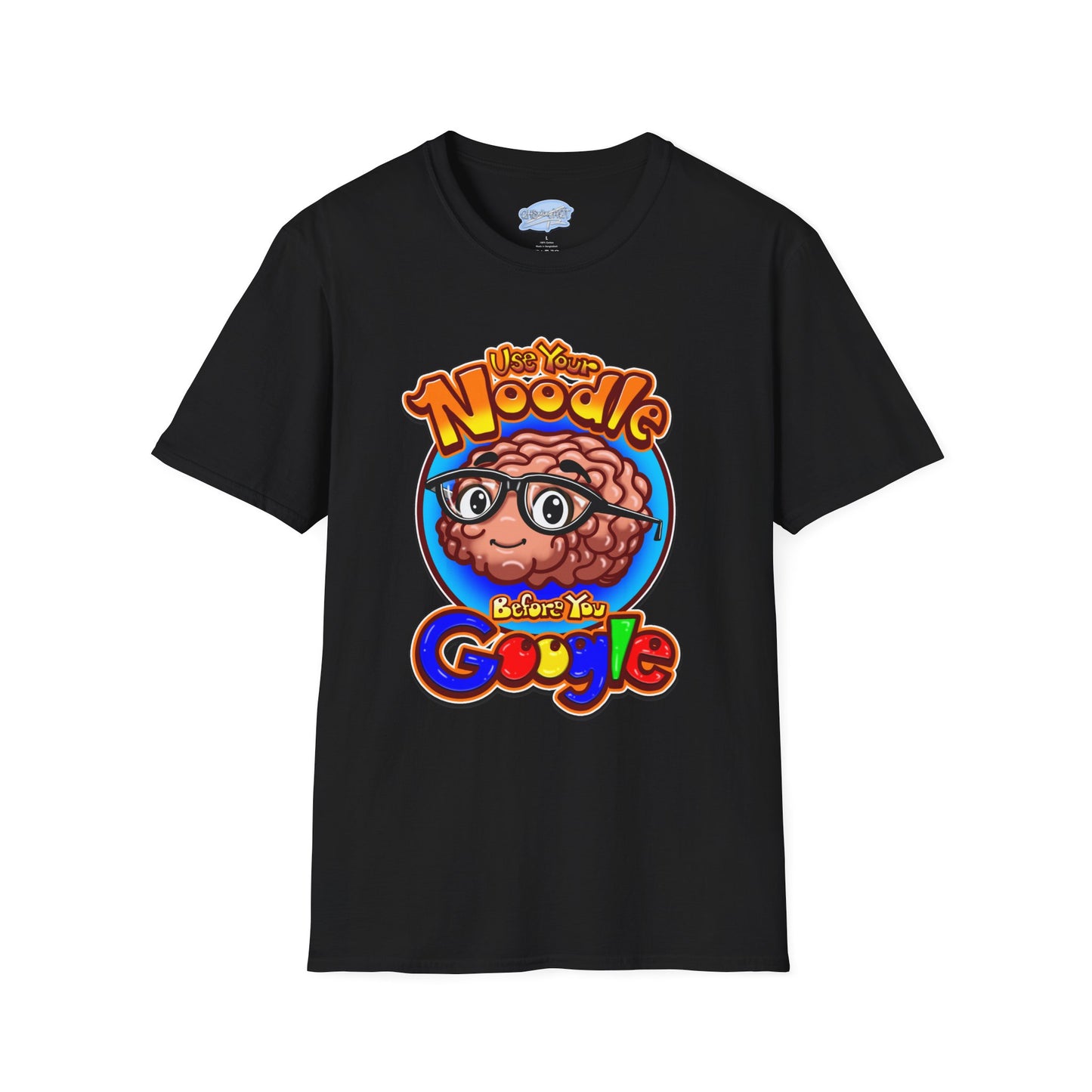 Funny Brain Cartoon T-Shirt — "Use Your Noodle Before You Google"