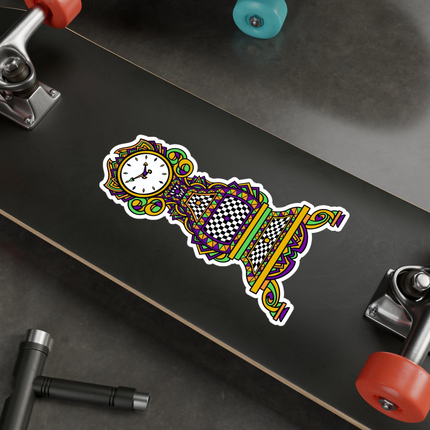 Colorful Mardi Gras Time! Grandfather Clock Kiss-Cut Vinyl Sticker — Retro Checkerboard Decorative Decal