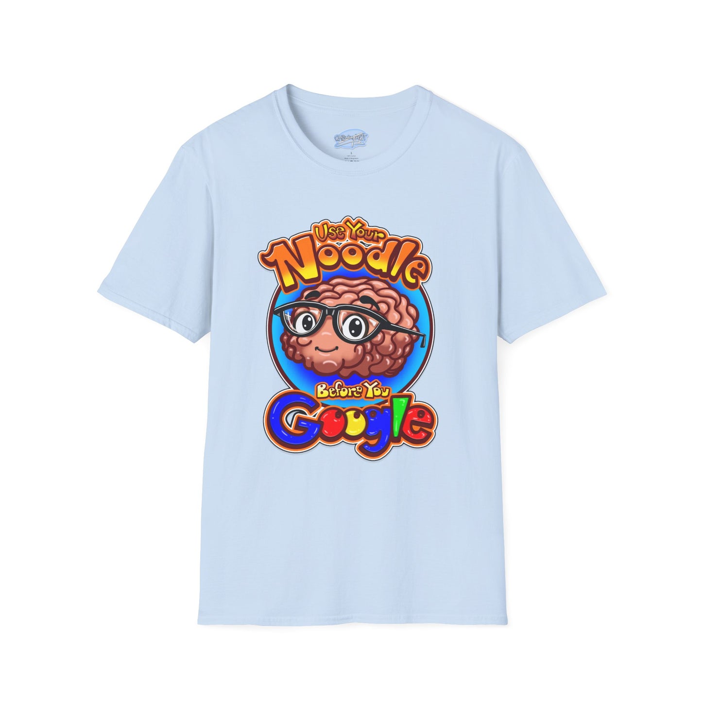 Funny Brain Cartoon T-Shirt — "Use Your Noodle Before You Google"