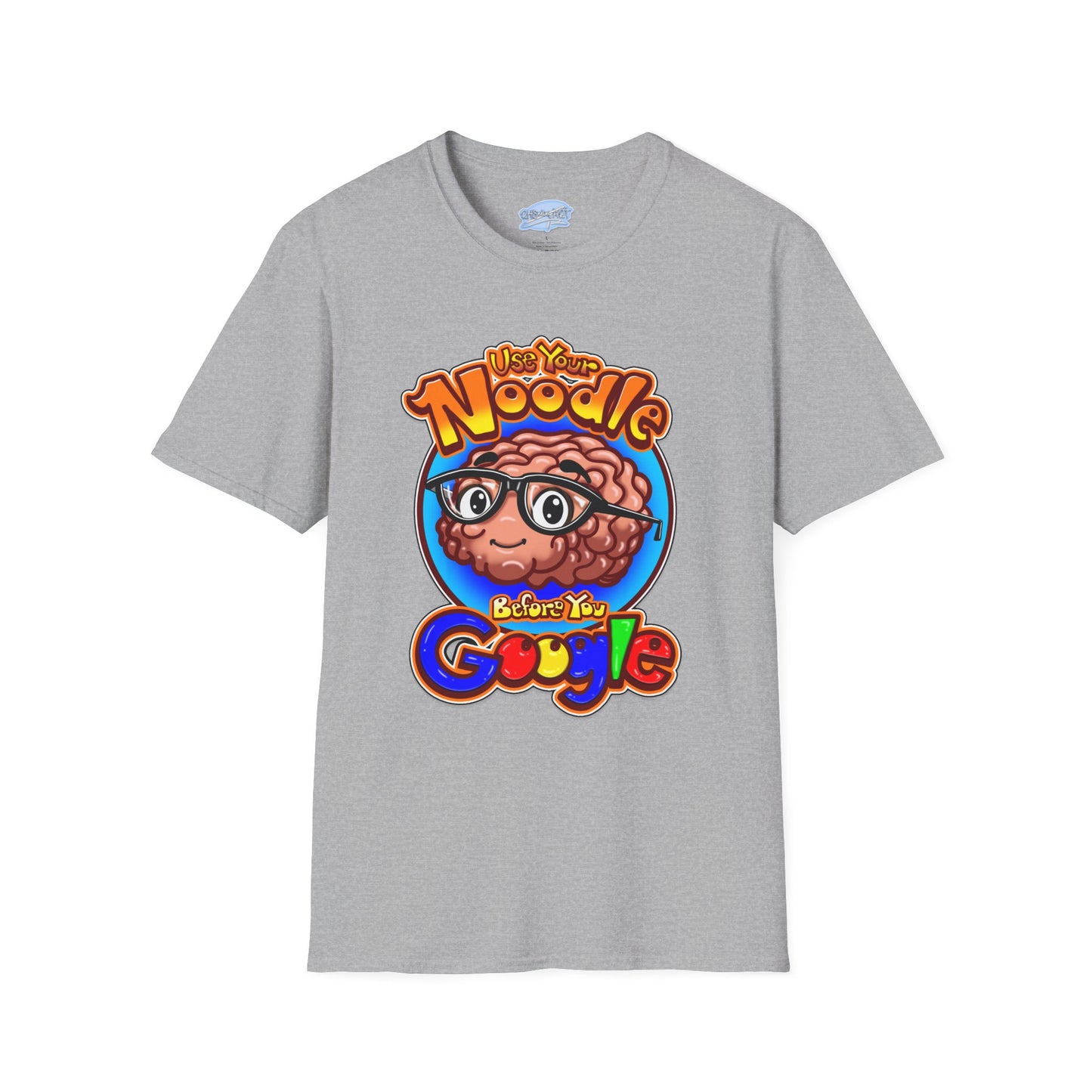Funny Brain Cartoon T-Shirt — "Use Your Noodle Before You Google"