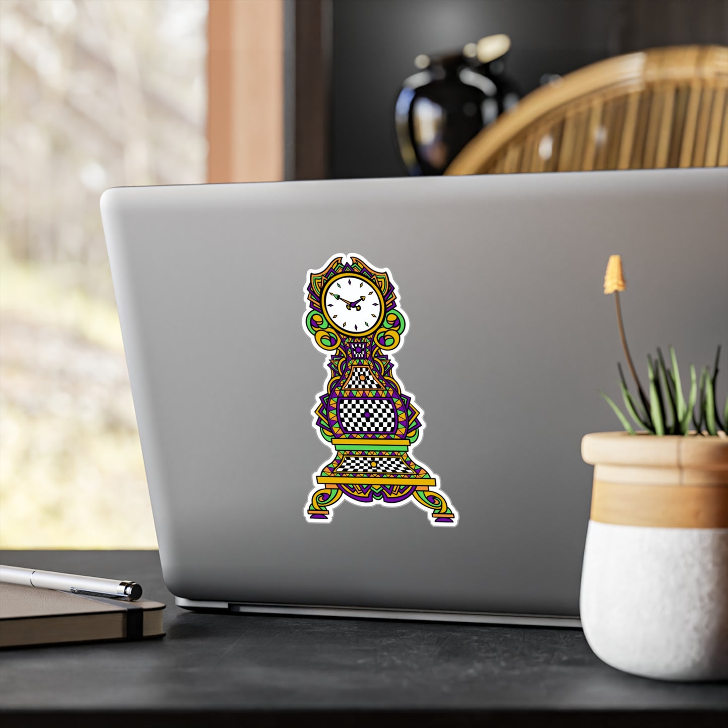 Colorful Mardi Gras Time! Grandfather Clock Kiss-Cut Vinyl Sticker — Retro Checkerboard Decorative Decal
