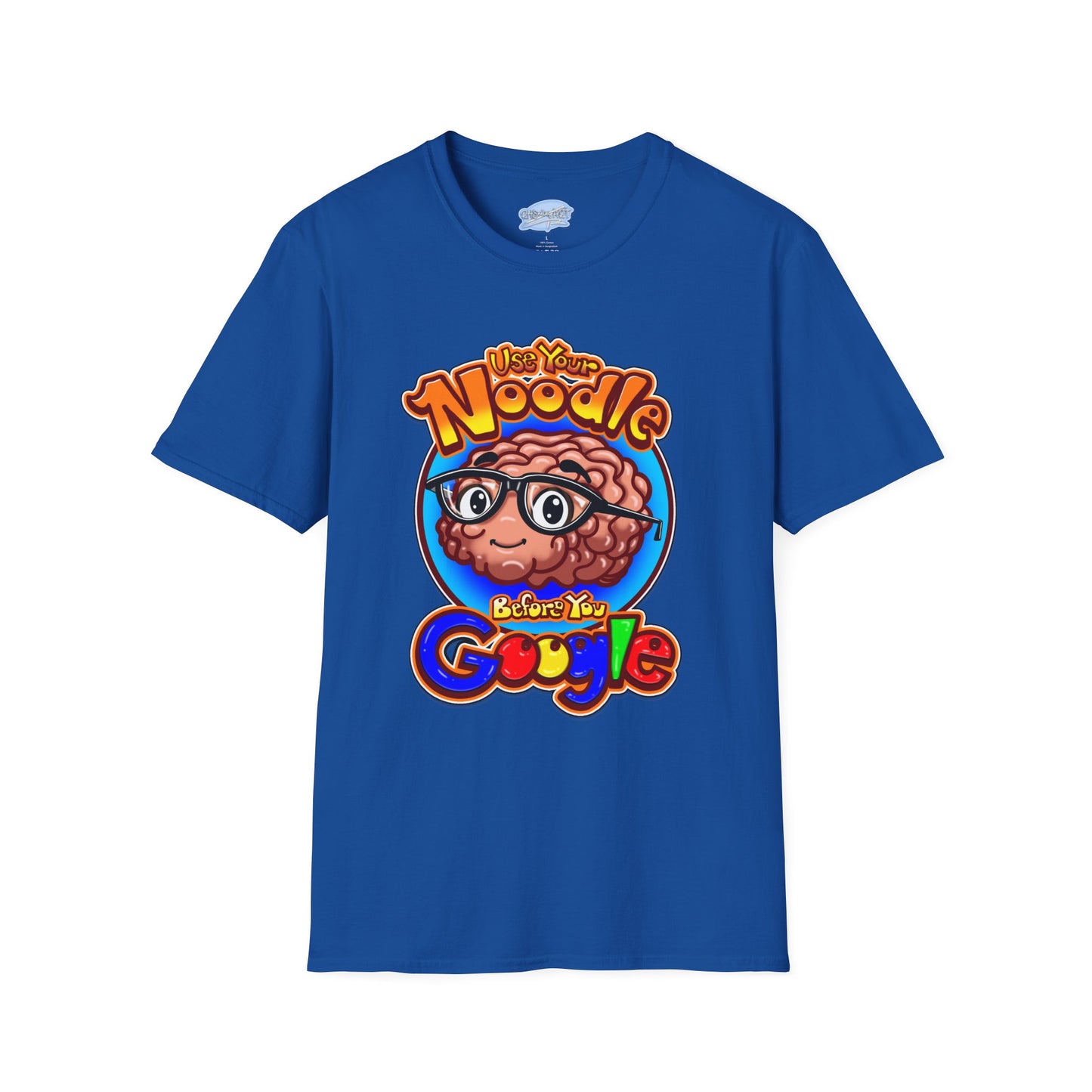 Funny Brain Cartoon T-Shirt — "Use Your Noodle Before You Google"