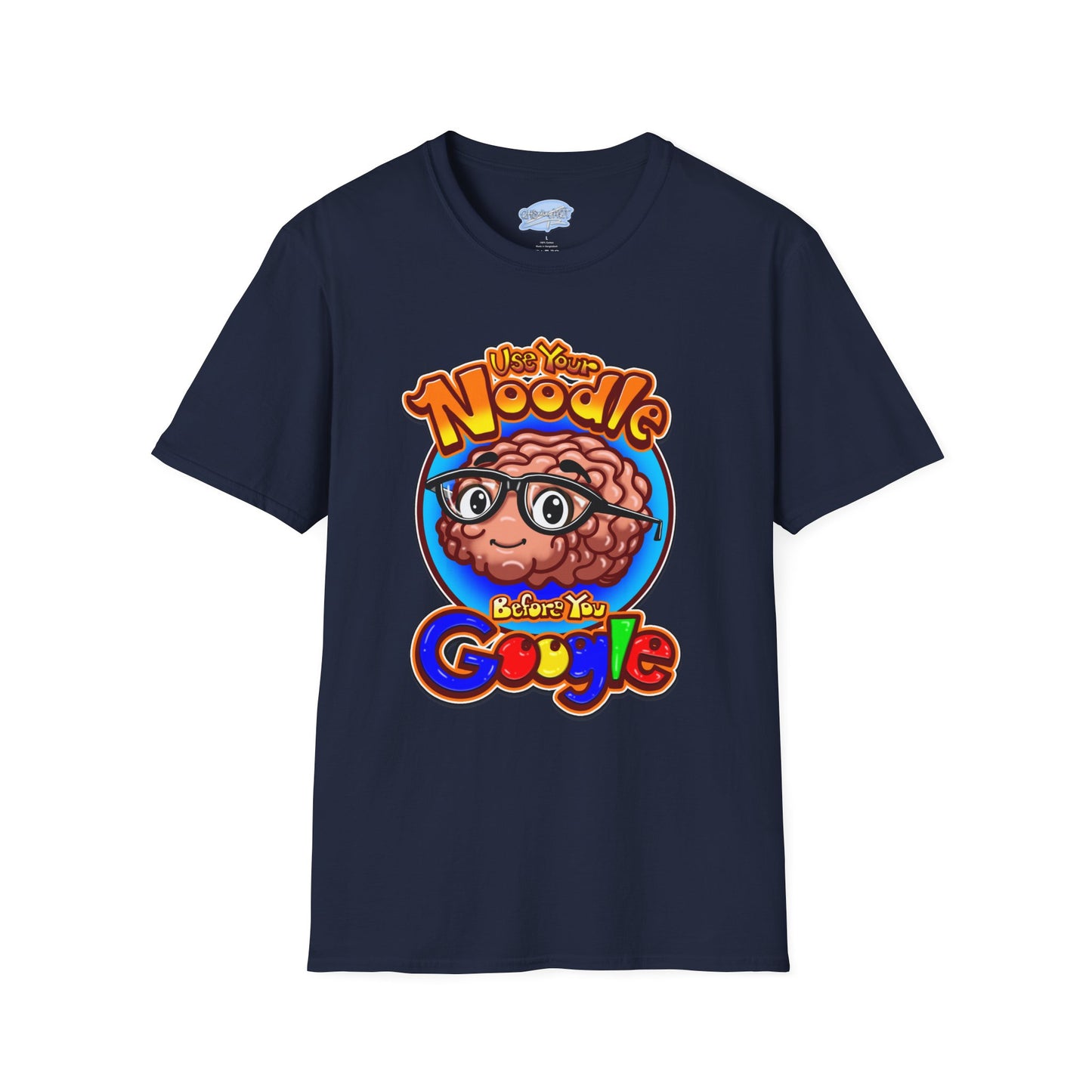 Funny Brain Cartoon T-Shirt — "Use Your Noodle Before You Google"